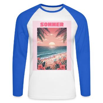Sommerstrand Sonnenuntergang - Unisex Baseballshirt langarm - Weiß/Royalblau - Vorne - Nik (191cm)