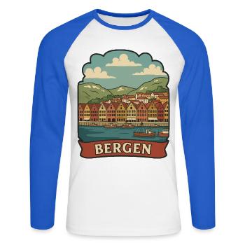 Bergen Norway Bryggen Vintage Travel Sticker - Unisex Long Sleeve Baseball T-Shirt - white/royal blue - Front - Nik (191cm)