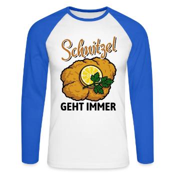 Schnitzel geht immer | mit Zitrone und Petersilie - Unisex Baseballshirt langarm - Weiß/Royalblau - Vorne - Nik (191cm)
