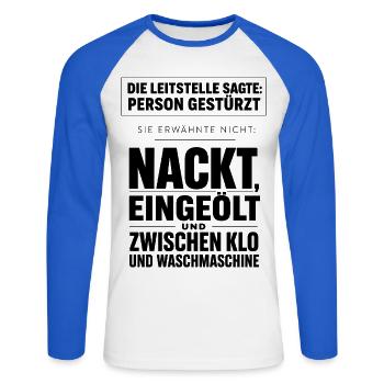 Person Gestürzt, Details Verschwiegen - Unisex Baseballshirt langarm - Weiß/Royalblau - Vorne - Nik (191cm)