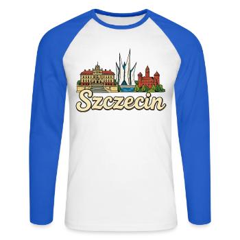Szczecin Poland Philharmonic Castle Retro Sketch - Unisex Long Sleeve Baseball T-Shirt - white/royal blue - Front - Nik (191cm)