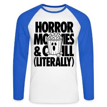 Icône du film effrayant au popcorn fantôme - T-shirt baseball manches longues Homme - blanc/bleu royal - Devant - Nik (191cm)
