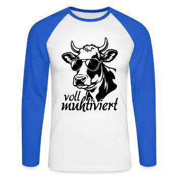 Voll Muhtviert Kuh mit Sonnenbrille - Unisex Baseballshirt langarm - Weiß/Royalblau - Vorne - Nik (191cm)