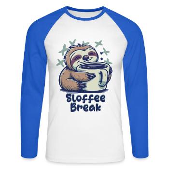 Sloffee Break Faultier Kaffee - Unisex Baseballshirt langarm - Weiß/Royalblau - Vorne - Nik (191cm)