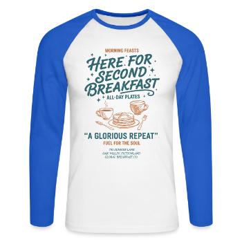 Breakfast Here For Second Breakfast Brunch Coffee - Unisex Long Sleeve Baseball T-Shirt - white/royal blue - Front - Nik (191cm)