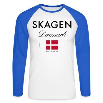 Skagen, Denmark, coordinates, travel, souvenir - Unisex Long Sleeve Baseball T-Shirt - white/royal blue - Front - Nik (191cm)