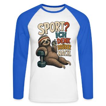 Faultier Sport Denk Drüber Nach Shirt - Unisex Baseballshirt langarm - Weiß/Royalblau - Vorne - Nik (191cm)