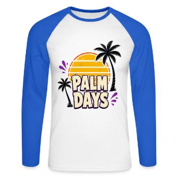 Palm Days – Couchers de soleil rétro et palmiers - T-shirt baseball manches longues Homme - blanc/bleu royal - Devant - Nik (191cm)