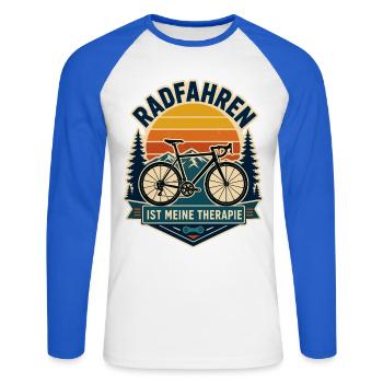 Radfahren ist meine Therapie – Retro Bergtour - Unisex Baseballshirt langarm - Weiß/Royalblau - Vorne - Nik (191cm)