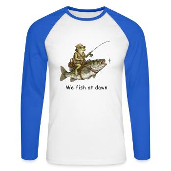 Nous pêchons chez Dawn Frog Angler - T-shirt baseball manches longues Homme - blanc/bleu royal - Devant - Nik (191cm)