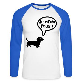 Chien - Je m'en fous - T-shirt baseball manches longues Homme - blanc/bleu royal - Devant - Nik (191cm)