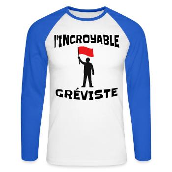 Incroyable Gréviste Humour Gauche Grève Syndicat - T-shirt baseball manches longues Homme - blanc/bleu royal - Devant - Nik (191cm)