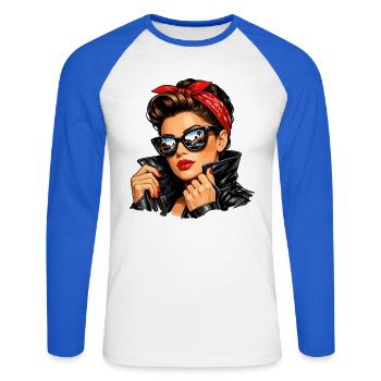 Fille pin-up cool en veste en cuir et lunettes de soleil - T-shirt baseball manches longues Homme - blanc/bleu royal - Devant - Nik (191cm)