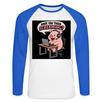 Pig at the headset desk - Unisex Long Sleeve Baseball T-Shirt - white/royal blue - Front - Nik (191cm)