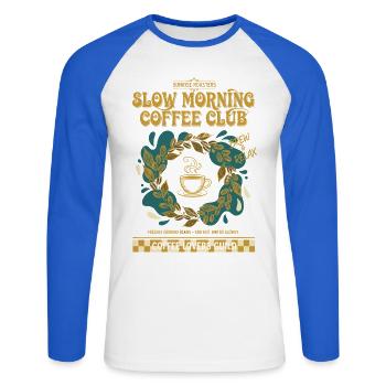Breakfast Coffee Brunch Pancake Bacon Food Funny - Unisex Long Sleeve Baseball T-Shirt - white/royal blue - Front - Nik (191cm)
