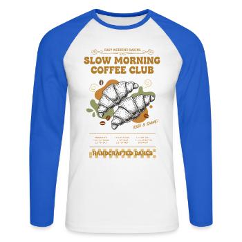 Petit-déjeuner, Café Matin, Brunch, Café - T-shirt baseball manches longues Homme - blanc/bleu royal - Devant - Nik (191cm)