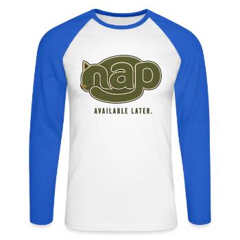 NAP – Disponible plus tard | Chat endormi - T-shirt baseball manches longues Homme - blanc/bleu royal - Devant - Nik (191cm)