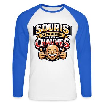 Souris Si tu aimes les chauves Französischer Humor - Unisex Baseballshirt langarm - Weiß/Royalblau - Vorne - Nik (191cm)