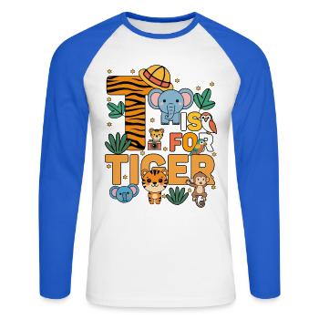 T steht für Tiger Zoo Party Dschungel Zoo Geburtstag - Unisex Baseballshirt langarm - Weiß/Royalblau - Vorne - Nik (191cm)