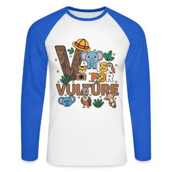 V c’est pour Vulture Zoo Party Jungle Zoo Anniversaire - T-shirt baseball manches longues Homme - blanc/bleu royal - Devant - Nik (191cm)
