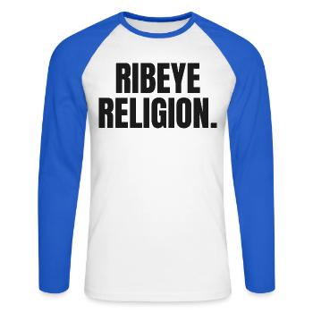 RELIGION DU RIBEYE | T-shirt Carnivore | Steak Lover - T-shirt baseball manches longues Homme - blanc/bleu royal - Devant - Nik (191cm)