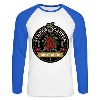 Tomatenliebe Logo aus Schirebergarten - Unisex Baseballshirt langarm - Weiß/Royalblau - Vorne - Nik (191cm)