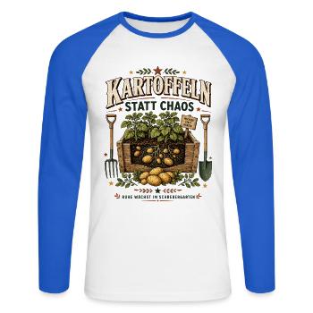 Kartoffeln statt Chaos – Ruhe im Schrebergarten - Unisex Baseballshirt langarm - Weiß/Royalblau - Vorne - Nik (191cm)