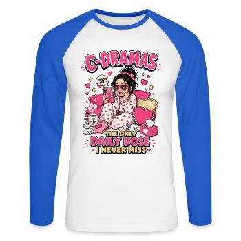 C-Drama Daily Dose - Unisex Long Sleeve Baseball T-Shirt - white/royal blue - Front - Nik (191cm)