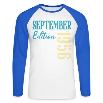 September 1956 - 70. Geburtstag - Unisex Baseballshirt langarm - Weiß/Royalblau - Vorne - Nik (191cm)
