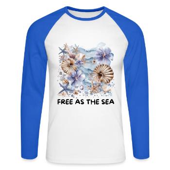Motif de coquillages aquarelle et de fleurs côtières d’étoiles de mer - T-shirt baseball manches longues Homme - blanc/bleu royal - Devant - Nik (191cm)