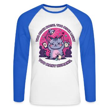 Too Much Noise, Light & Too Many Humans - Unisex Long Sleeve Baseball T-Shirt - white/royal blue - Front - Nik (191cm)