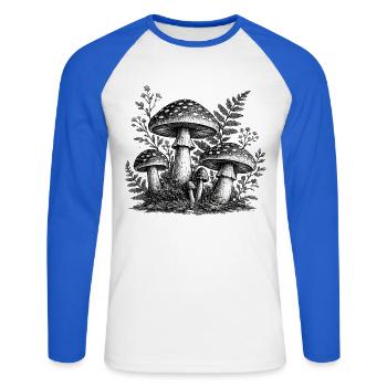 Vintage Waldpilze Linolschnitt - Unisex Baseballshirt langarm - Weiß/Royalblau - Vorne - Nik (191cm)