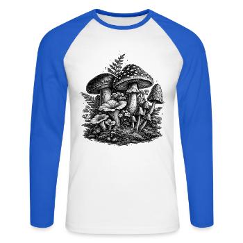 Vintage Forest Mushrooms Linocut - Unisex Long Sleeve Baseball T-Shirt - white/royal blue - Front - Nik (191cm)