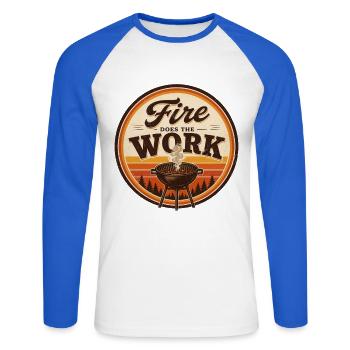 Fire Does The Work BBQ - Unisex Long Sleeve Baseball T-Shirt - white/royal blue - Front - Nik (191cm)