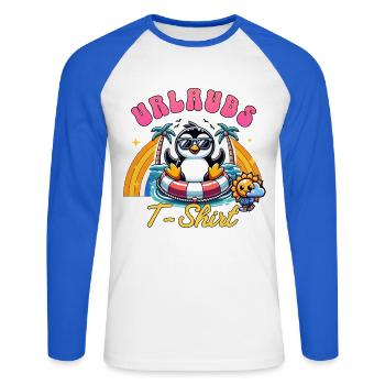 Urlaubs Shirt – Pinguin Urlaub T Shirt - Unisex Baseballshirt langarm - Weiß/Royalblau - Vorne - Nik (191cm)