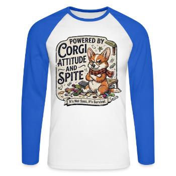 Powered By Corgi Attitude And Spite Funny Dog - Unisex Long Sleeve Baseball T-Shirt - white/royal blue - Front - Nik (191cm)