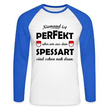 Rote Spessart Schildformen mit Weißzacken - Unisex Baseballshirt langarm - Weiß/Royalblau - Vorne - Nik (191cm)