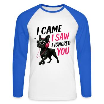 Je suis venu, j’ai vu que je t’ai ignoré, chien drôle, merchandising n° 2 - T-shirt baseball manches longues Homme - blanc/bleu royal - Devant - Nik (191cm)