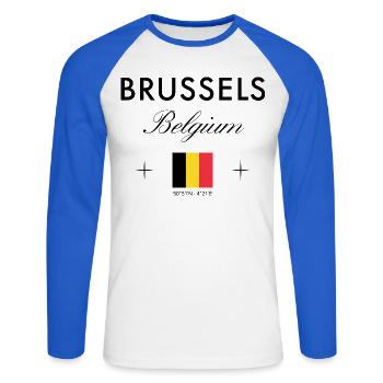 Brussels, Belgium, coordinates, travel, souvenir - Unisex Long Sleeve Baseball T-Shirt - white/royal blue - Front - Nik (191cm)