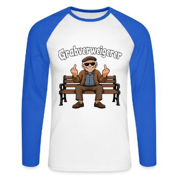 Grabverweigerer Rentner Opa Humor Spruch - Unisex Baseballshirt langarm - Weiß/Royalblau - Vorne - Nik (191cm)