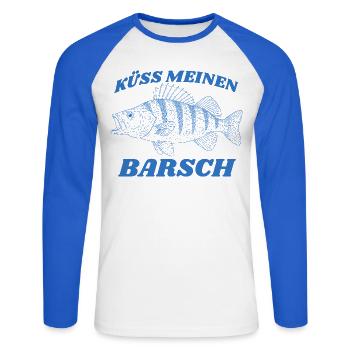 Küss meinen Barsch Vintage Retro lustiger Angler - Unisex Baseballshirt langarm - Weiß/Royalblau - Vorne - Nik (191cm)