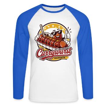 Currywurst Geht Immer | Fast Food Kult - Unisex Baseballshirt langarm - Weiß/Royalblau - Vorne - Nik (191cm)
