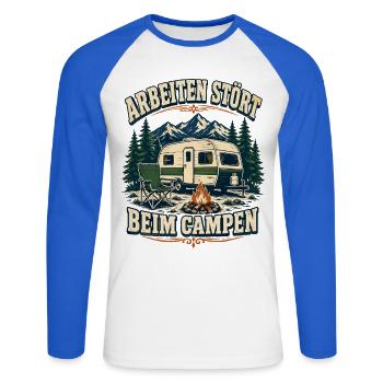 Arbeiten stört beim Campen – Bergcamping - Unisex Baseballshirt langarm - Weiß/Royalblau - Vorne - Nik (191cm)