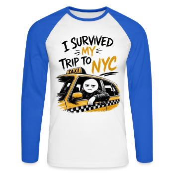 Taxi New York City Gelber Humor NYC Meme - Unisex Baseballshirt langarm - Weiß/Royalblau - Vorne - Nik (191cm)