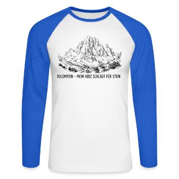 Dolomiten - Mein Herz schlägt für Stein | Ikonisch - Unisex Baseballshirt langarm - Weiß/Royalblau - Vorne - Nik (191cm)