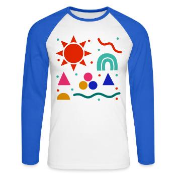 Lebendige Geometrie Sonnenfarben Muster - Unisex Baseballshirt langarm - Weiß/Royalblau - Vorne - Nik (191cm)