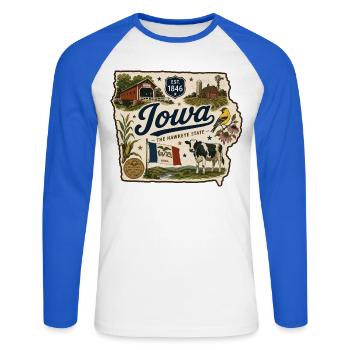 Iowa Hawkeye State Vintage Farm Sticker - Unisex Long Sleeve Baseball T-Shirt - white/royal blue - Front - Nik (191cm)