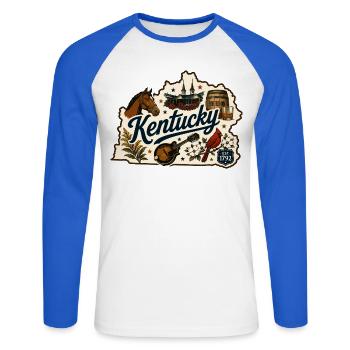 Vintage-Kentucky Bluegrass-Bourbon-Aufkleber - Unisex Baseballshirt langarm - Weiß/Royalblau - Vorne - Nik (191cm)