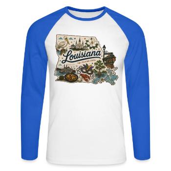 Louisiana Pelican State Vintage Travel Sticker - Unisex Long Sleeve Baseball T-Shirt - white/royal blue - Front - Nik (191cm)