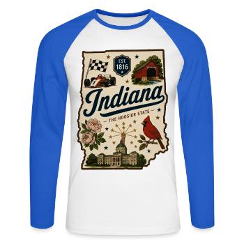 Indiana Hoosier State Vintage Travel Sticker - Unisex Long Sleeve Baseball T-Shirt - white/royal blue - Front - Nik (191cm)